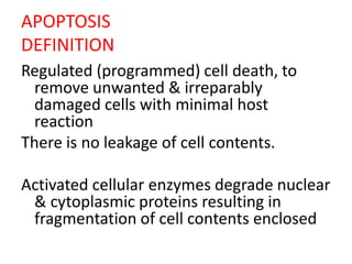 APOPTOSIS
DEFINITION
Regulated (programmed) cell death, to
remove unwanted & irreparably
damaged cells with minimal host
reaction
There is no leakage of cell contents.
Activated cellular enzymes degrade nuclear
& cytoplasmic proteins resulting in
fragmentation of cell contents enclosed
 