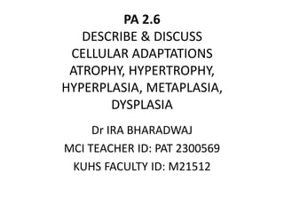 PA 2.6
DESCRIBE & DISCUSS
CELLULAR ADAPTATIONS
ATROPHY, HYPERTROPHY,
HYPERPLASIA, METAPLASIA,
DYSPLASIA
Dr IRA BHARADWAJ
MCI TEACHER ID: PAT 2300569
KUHS FACULTY ID: M21512
 