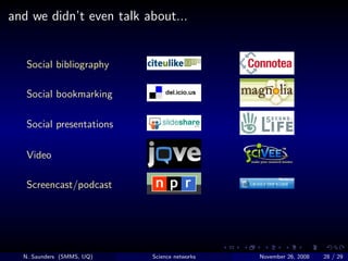 and we didn’t even talk about...


   Social bibliography

   Social bookmarking

   Social presentations

   Video

   Sc...