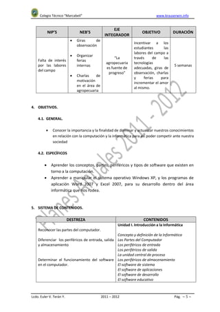 Colegio Técnico “Marcabelí”                                                www.krauserwin.info


                                                     EJE
            NIP’S               NEB’S                                  OBJETIVO           DURACIÓN
                                                 INTEGRADOR
                              Giras      de
                                                                  Incentivar a los
                               observación
                                                                  estudiantes      las
                                                                  labores del campo a
                              Organizar
                                                       “La        través     de    las
    Falta de interés           ferias
                                                  agropecuaria    tecnologías
    por las labores            internas                                                   5 semanas
                                                  es fuente de    adecuadas, giras de
    del campo
                                                   progreso”      observación, charlas
                              Charlas    de
                                                                  y     ferias    para
                               motivación
                                                                  incrementar el amor
                               en el área de
                                                                  al mismo.
                               agropecuaria



4. OBJETIVOS.

    4.1. GENERAL.

             Conocer la importancia y la finalidad de dominar y actualizar nuestros conocimientos
              en relación con la computación y la informática para así poder competir ante nuestra
              sociedad

    4.2. ESPECÍFICOS

             Aprender los conceptos, partes, periféricos y tipos de software que existen en
              torno a la computación.
             Aprender a manipular el sistema operativo Windows XP, y los programas de
              aplicación Word 2007 y Excel 2007, para su desarrollo dentro del área
              informática que nos rodea.


5. SISTEMA DE CONTENIDOS.

                          DESTREZA                                      CONTENIDOS
                                                         Unidad I. Introducción a la Informática
    Reconocer las partes del computador.
                                                   Concepto y definición de la Informática
    Diferenciar los periféricos de entrada, salida Las Partes del Computador
    y almacenamiento                               Los periféricos de entrada
                                                   Los periféricos de salida
                                                   La unidad central de proceso
    Determinar el funcionamiento del software Los periféricos de almacenamiento
    en el computador.                              El software de sistema
                                                   El software de aplicaciones
                                                   El software de desarrollo
                                                   El software educativo



Lcdo. Euler V. Terán Y.                        2011 – 2012                                Pág. ~ 5 ~
 