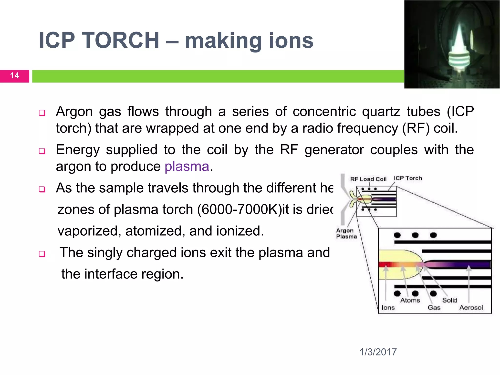 ICP TORCH – making ions
1/3/2017
14
 Argon gas flows through a series of concentric quartz tubes (ICP
torch) that are wrapped at one end by a radio frequency (RF) coil.
 Energy supplied to the coil by the RF generator couples with the
argon to produce plasma.
 As the sample travels through the different heating
zones of plasma torch (6000-7000K)it is dried,
vaporized, atomized, and ionized.
 The singly charged ions exit the plasma and enter
the interface region.
 