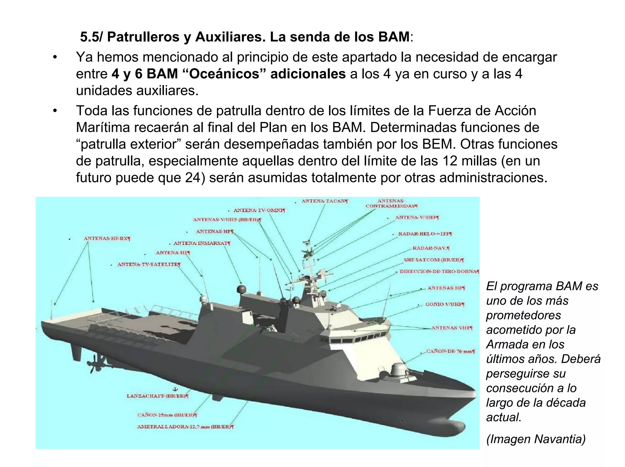 5.5/ Patrulleros y Auxiliares. La senda de los BAM:
•   Ya hemos mencionado al principio de este apartado la necesidad de encargar
    entre 4 y 6 BAM “Oceánicos” adicionales a los 4 ya en curso y a las 4
    unidades auxiliares.
•   Toda las funciones de patrulla dentro de los límites de la Fuerza de Acción
    Marítima recaerán al final del Plan en los BAM. Determinadas funciones de
    “patrulla exterior” serán desempeñadas también por los BEM. Otras funciones
    de patrulla, especialmente aquellas dentro del límite de las 12 millas (en un
    futuro puede que 24) serán asumidas totalmente por otras administraciones.




                                                                     El programa BAM es
                                                                     uno de los más
                                                                     prometedores
                                                                     acometido por la
                                                                     Armada en los
                                                                     últimos años. Deberá
                                                                     perseguirse su
                                                                     consecución a lo
                                                                     largo de la década
                                                                     actual.
                                                                     (Imagen Navantia)
 