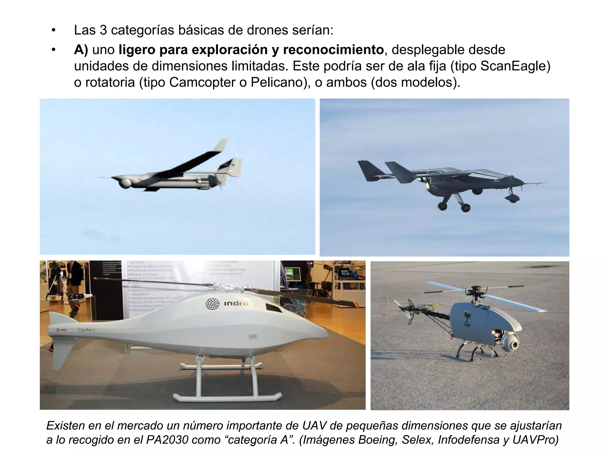 •    Las 3 categorías básicas de drones serían:
•    A) uno ligero para exploración y reconocimiento, desplegable desde
     unidades de dimensiones limitadas. Este podría ser de ala fija (tipo ScanEagle)
     o rotatoria (tipo Camcopter o Pelicano), o ambos (dos modelos).




Existen en el mercado un número importante de UAV de pequeñas dimensiones que se ajustarían
a lo recogido en el PA2030 como “categoría A”. (Imágenes Boeing, Selex, Infodefensa y UAVPro)
 