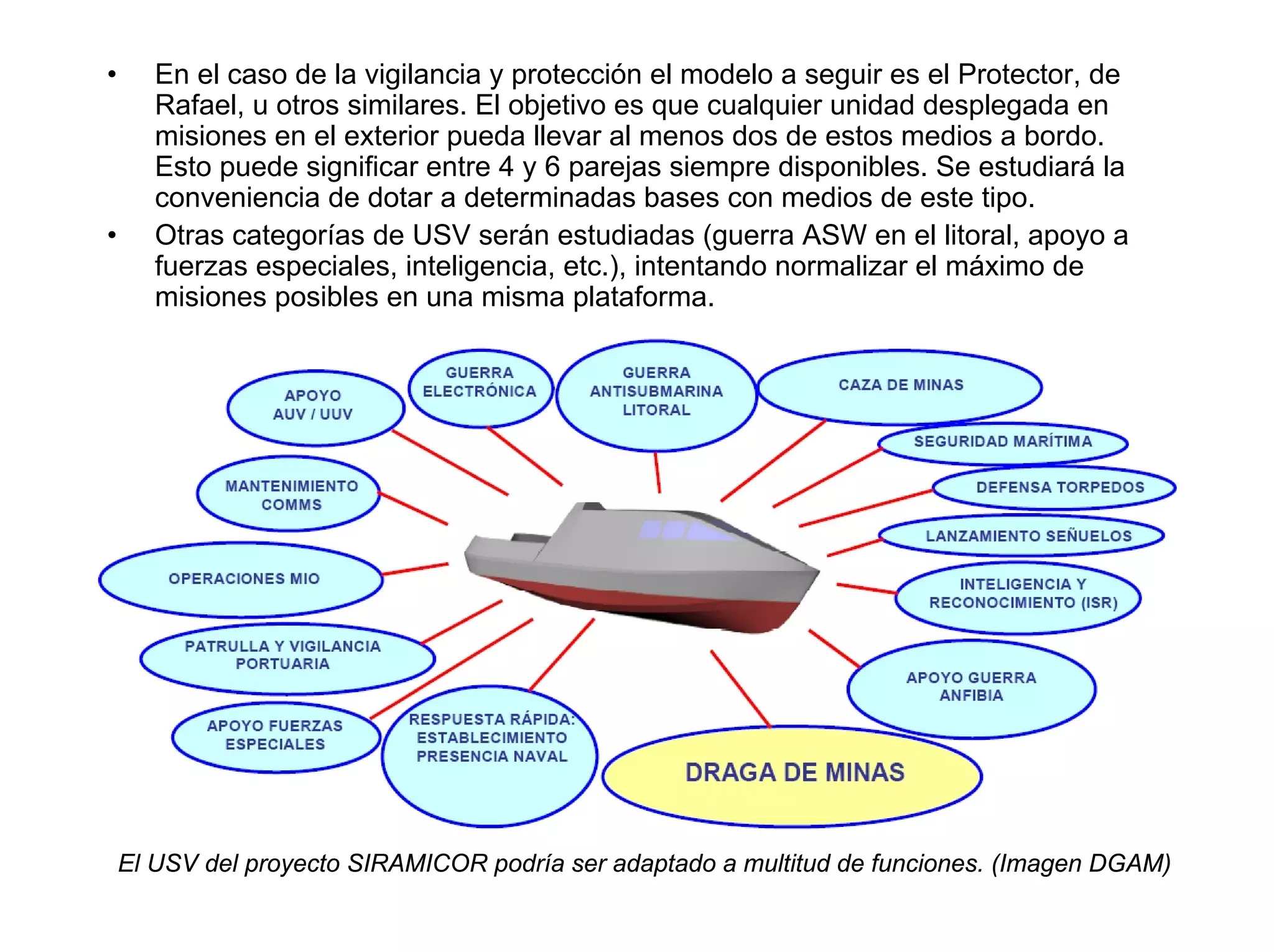 •      En el caso de la vigilancia y protección el modelo a seguir es el Protector, de
       Rafael, u otros similares. El objetivo es que cualquier unidad desplegada en
       misiones en el exterior pueda llevar al menos dos de estos medios a bordo.
       Esto puede significar entre 4 y 6 parejas siempre disponibles. Se estudiará la
       conveniencia de dotar a determinadas bases con medios de este tipo.
•      Otras categorías de USV serán estudiadas (guerra ASW en el litoral, apoyo a
       fuerzas especiales, inteligencia, etc.), intentando normalizar el máximo de
       misiones posibles en una misma plataforma.




    El USV del proyecto SIRAMICOR podría ser adaptado a multitud de funciones. (Imagen DGAM)
 