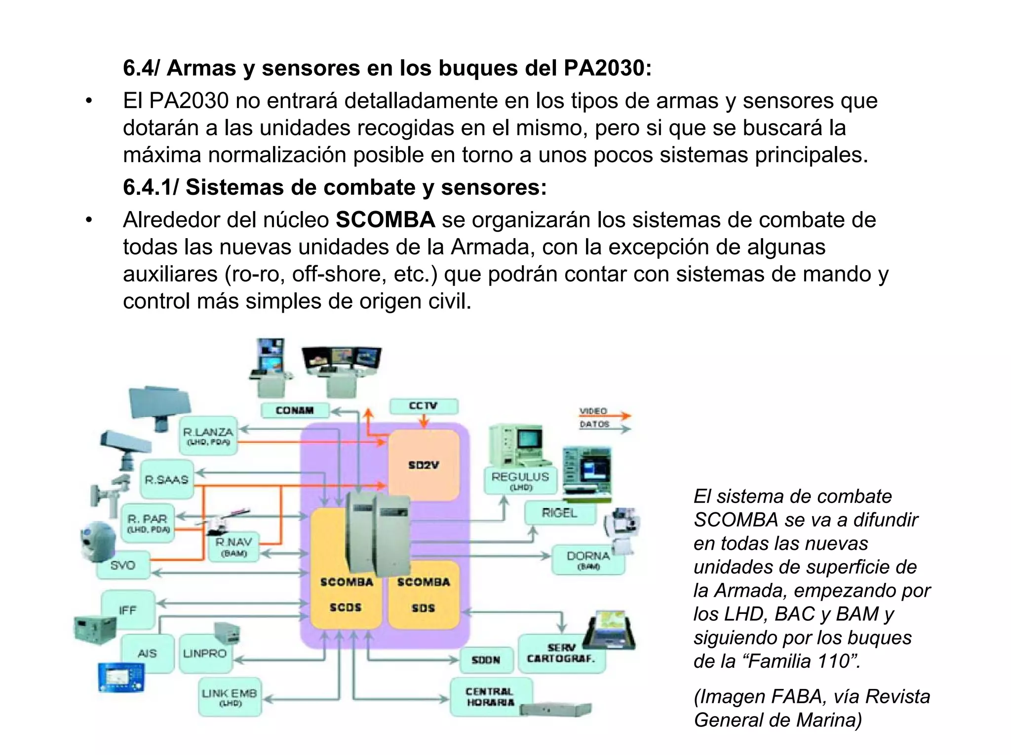 6.4/ Armas y sensores en los buques del PA2030:
•   El PA2030 no entrará detalladamente en los tipos de armas y sensores que
    dotarán a las unidades recogidas en el mismo, pero si que se buscará la
    máxima normalización posible en torno a unos pocos sistemas principales.
    6.4.1/ Sistemas de combate y sensores:
•   Alrededor del núcleo SCOMBA se organizarán los sistemas de combate de
    todas las nuevas unidades de la Armada, con la excepción de algunas
    auxiliares (ro-ro, off-shore, etc.) que podrán contar con sistemas de mando y
    control más simples de origen civil.




                                                             El sistema de combate
                                                             SCOMBA se va a difundir
                                                             en todas las nuevas
                                                             unidades de superficie de
                                                             la Armada, empezando por
                                                             los LHD, BAC y BAM y
                                                             siguiendo por los buques
                                                             de la “Familia 110”.
                                                             (Imagen FABA, vía Revista
                                                             General de Marina)
 