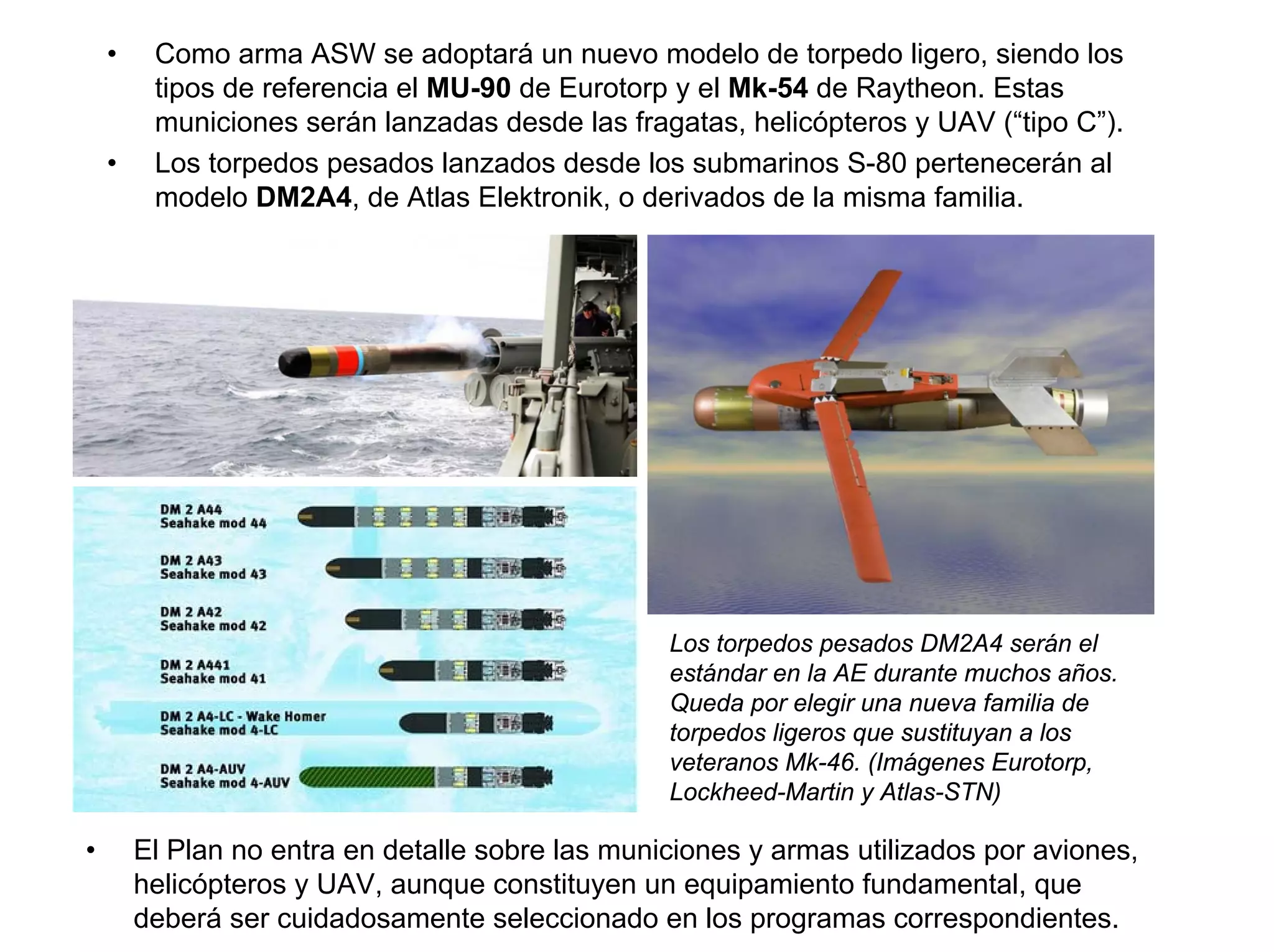 •    Como arma ASW se adoptará un nuevo modelo de torpedo ligero, siendo los
         tipos de referencia el MU-90 de Eurotorp y el Mk-54 de Raytheon. Estas
         municiones serán lanzadas desde las fragatas, helicópteros y UAV (“tipo C”).
    •    Los torpedos pesados lanzados desde los submarinos S-80 pertenecerán al
         modelo DM2A4, de Atlas Elektronik, o derivados de la misma familia.




                                                  Los torpedos pesados DM2A4 serán el
                                                  estándar en la AE durante muchos años.
                                                  Queda por elegir una nueva familia de
                                                  torpedos ligeros que sustituyan a los
                                                  veteranos Mk-46. (Imágenes Eurotorp,
                                                  Lockheed-Martin y Atlas-STN)

•       El Plan no entra en detalle sobre las municiones y armas utilizados por aviones,
        helicópteros y UAV, aunque constituyen un equipamiento fundamental, que
        deberá ser cuidadosamente seleccionado en los programas correspondientes.
 