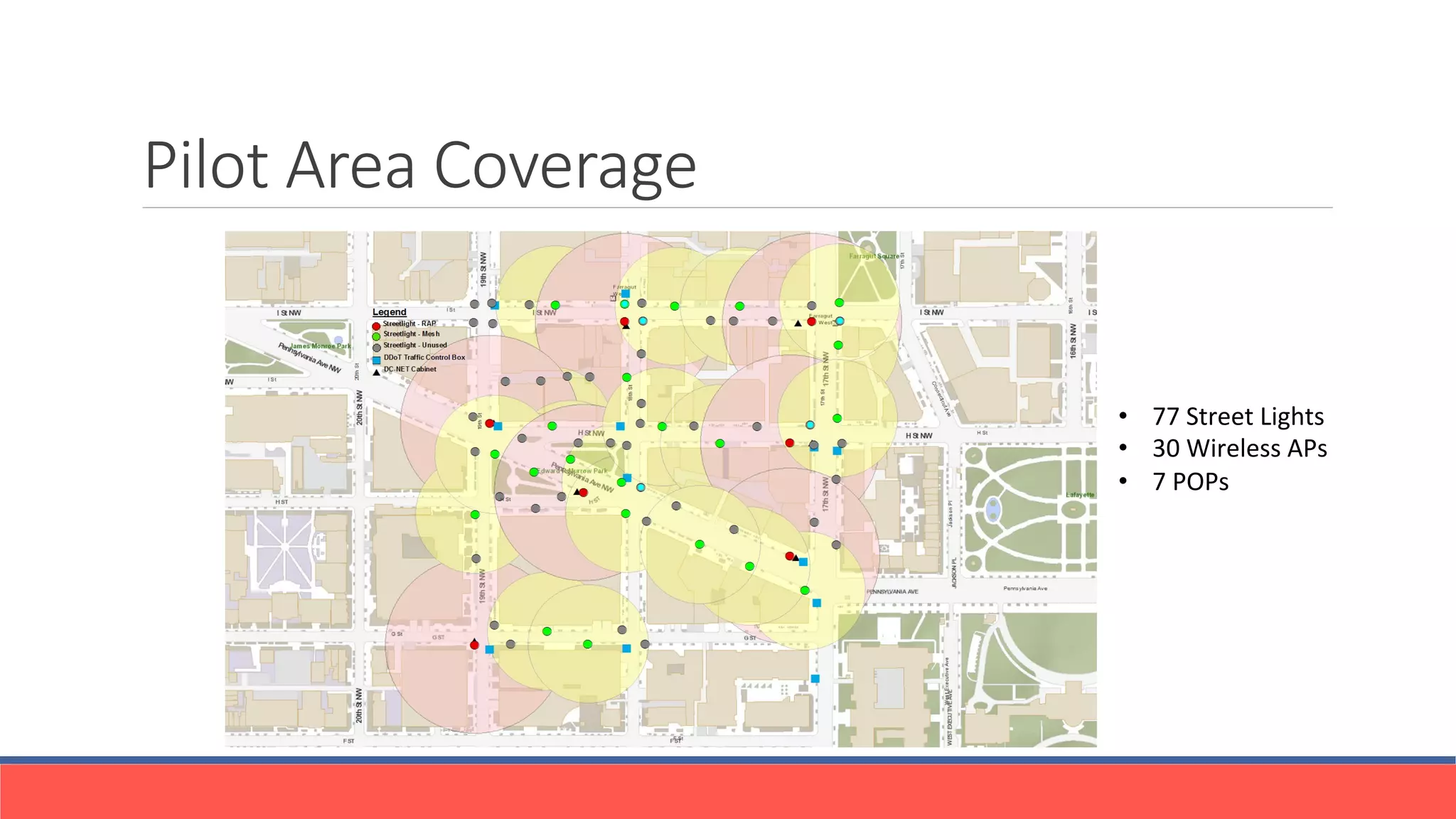 Pilot  Area  Coverage
•  77	
  Street	
  Lights	
  
•  30	
  Wireless	
  APs	
  
•  7	
  POPs	
  
 