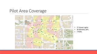 Pilot Area Coverage
•  77	
 Street	
 Lights	
 
•  30	
 Wireless	
 APs	
 
•  7	
 POPs	
 
 