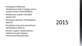 Perkongsian Maklumat
Pembelajaran Alaf 21 dengan semua
sekolah melalui CPD/LADAP/PLC
Pelaksanaan sekolah rintis/Bilik
darjah rintis
Penyediaan panduan Pembelajaran
Abad 21
Penyediaan instrumen pemantauan
Pembelajaran Abad 21
Sumber rujukan: Sekolah Bestari,
Sekolah Amanah, Program
International Baccalaurette
 