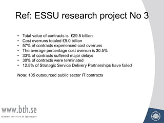 Ref: ESSU research project No 3
• Total value of contracts is £29.5 billion
• Cost overruns totaled £9.0 billion
• 57% of contracts experienced cost overruns
• The average percentage cost overrun is 30.5%
• 33% of contracts suffered major delays
• 30% of contracts were terminated
• 12.5% of Strategic Service Delivery Partnerships have failed
Note: 105 outsourced public sector IT contracts
 