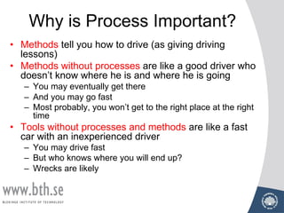Why is Process Important?
• Methods tell you how to drive (as giving driving
lessons)
• Methods without processes are like a good driver who
doesn’t know where he is and where he is going
– You may eventually get there
– And you may go fast
– Most probably, you won’t get to the right place at the right
time
• Tools without processes and methods are like a fast
car with an inexperienced driver
– You may drive fast
– But who knows where you will end up?
– Wrecks are likely
 