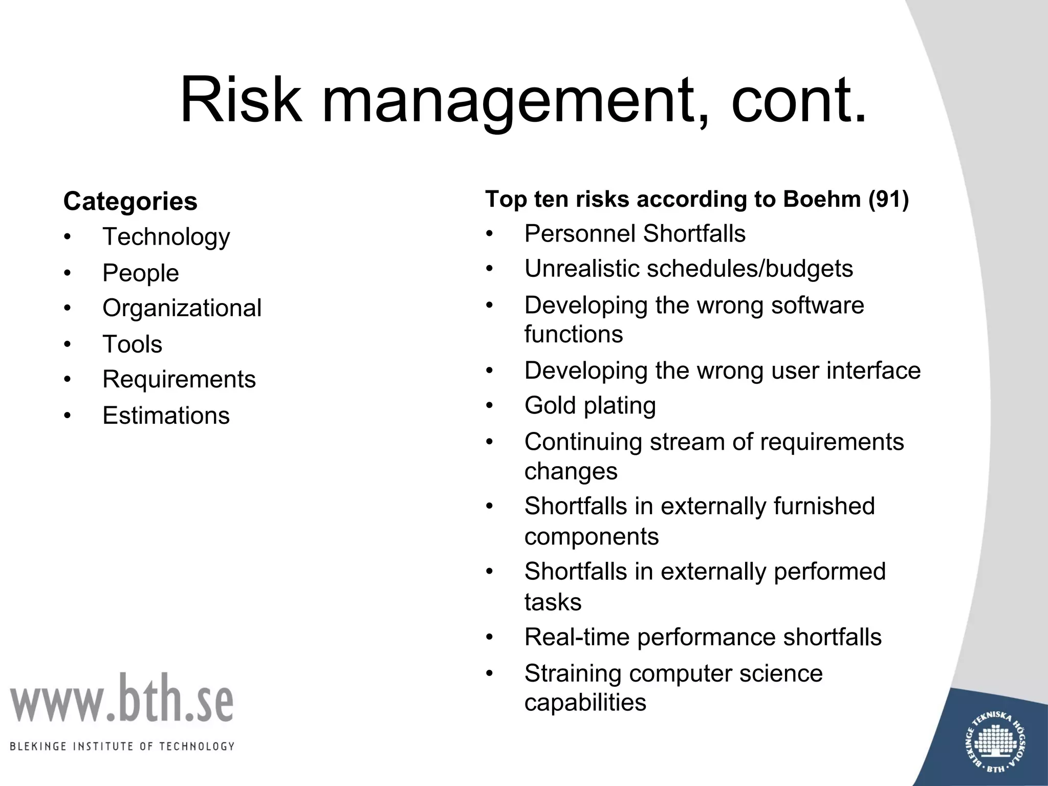 Risk management, cont.
Categories
• Technology
• People
• Organizational
• Tools
• Requirements
• Estimations
Top ten risks according to Boehm (91)
• Personnel Shortfalls
• Unrealistic schedules/budgets
• Developing the wrong software
functions
• Developing the wrong user interface
• Gold plating
• Continuing stream of requirements
changes
• Shortfalls in externally furnished
components
• Shortfalls in externally performed
tasks
• Real-time performance shortfalls
• Straining computer science
capabilities
 