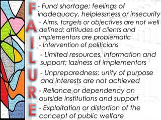 - Fund shortage; feelings of
inadequacy, helplessness or insecurity
- Aims, targets or objectives are not well
defined; attitudes of clients and
implementors are problematic
- Intervention of politicians
- Limited resources, information and
support; laziness of implementors
- Unpreparedness; unity of purpose
and interests are not achieved
- Reliance or dependency on
outside institutions and support
- Exploitation or distortion of the
concept of public welfare