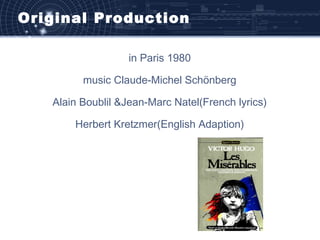 Original Production
in Paris 1980
music Claude-Michel Schönberg
Alain Boublil &Jean-Marc Natel(French lyrics)
Herbert Kretzmer(English Adaption)
 