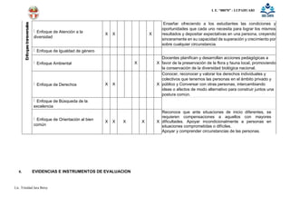 I. E. “88070” - LUPAHUARI
Lic. Trinidad Jara Betsy
Enfoque de Atención a la
diversidad
X X X
Enseñar ofreciendo a los estudiantes las condiciones y
oportunidades que cada uno necesita para lograr los mismos
resultados y depositar expectativas en una persona, creyendo
sinceramente en su capacidad de superación y crecimiento por
sobre cualquier circunstancia.
Enfoque de Igualdad de género
Enfoque Ambiental X X
Docentes planifican y desarrollan acciones pedagógicas a
favor de la preservación de la flora y fauna local, promoviendo
la conservación de la diversidad biológica nacional.
Enfoque de Derechos X X X
Conocer, reconocer y valorar los derechos individuales y
colectivos que tenemos las personas en el ámbito privado y
público y Conversar con otras personas, intercambiando
ideas o afectos de modo alternativo para construir juntos una
postura común.
Enfoque de Búsqueda de la
excelencia
Enfoque de Orientación al bien
común
X X X X X
Reconoce que ante situaciones de inicio diferentes, se
requieren compensaciones a aquellos con mayores
dificultades. Apoyar incondicionalmente a personas en
situaciones comprometidas o difíciles.
Apoyar y comprender circunstancias de las personas.
X. EVIDENCIAS E INSTRUMENTOS DE EVALUACION
 