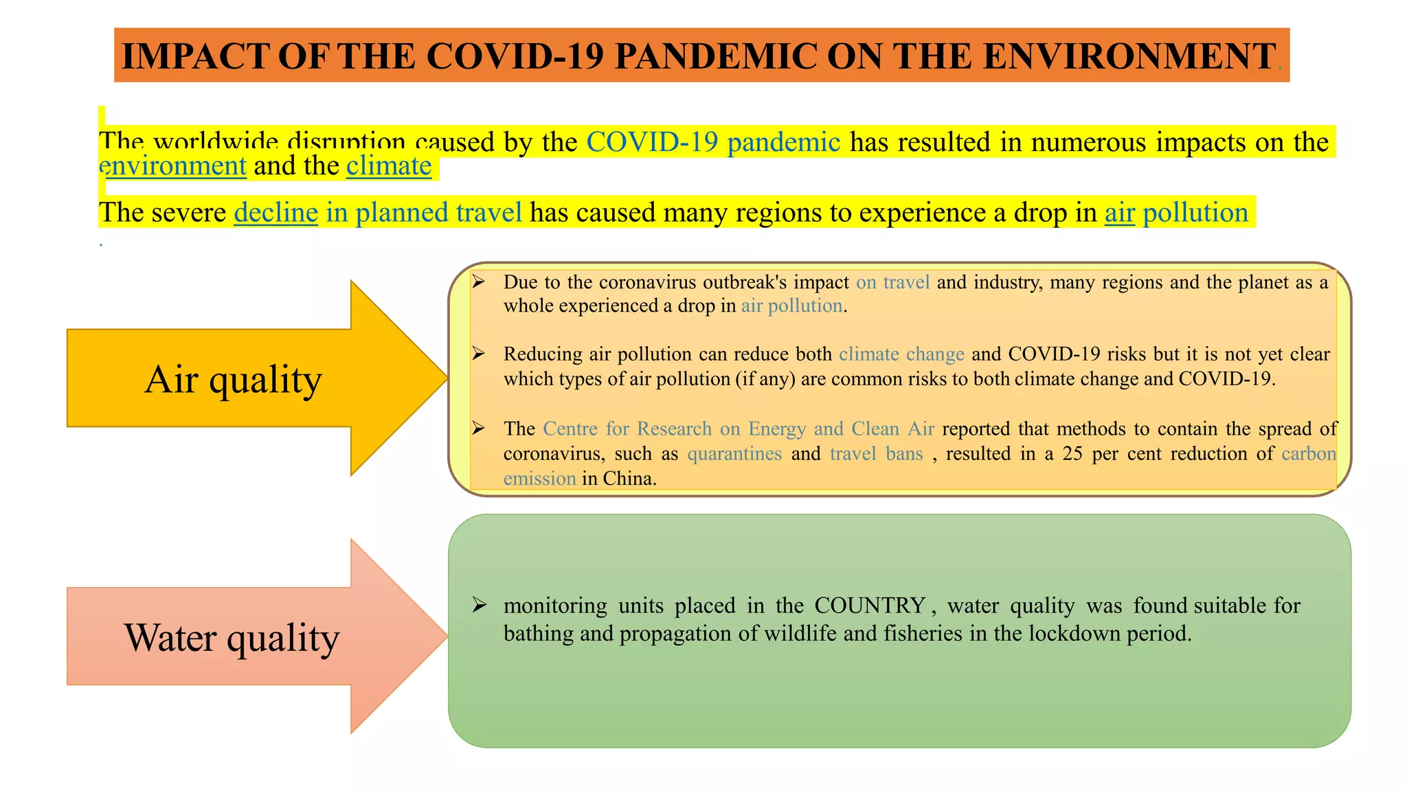  Due to the coronavirus outbreak's impact on travel and industry, many regions and the planet as a
whole experienced a drop in air pollution.
 Reducing air pollution can reduce both climate change and COVID-19 risks but it is not yet clear
which types of air pollution (if any) are common risks to both climate change and COVID-19.
 The Centre for Research on Energy and Clean Air reported that methods to contain the spread of
coronavirus, such as quarantines and travel bans , resulted in a 25 per cent reduction of carbon
emission in China.
 monitoring units placed in the COUNTRY , water quality was found suitable for
bathing and propagation of wildlife and fisheries in the lockdown period.
IMPACT OFTHE COVID-19 PANDEMIC ON THE ENVIRONMENT.
The worldwide disruption caused by the COVID-19 pandemic has resulted in numerous impacts on the
environment and the climate
The severe decline in planned travel has caused many regions to experience a drop in air pollution
.
Air quality
Water quality
 