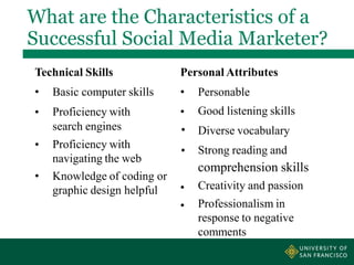 What are the Characteristics of a
Successful Social Media Marketer?
Technical Skills Personal Attributes
• Basic computer ...