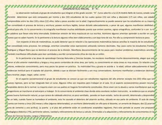 DIAGNOSTICO INICIAL 6° “A”.
La observación realizada al grupo de estudiantes que integran el 6to grado sección “A”. Curso adscrito a la U.E.N Andrés Bello de Carora, estado Lara.
Permitió determinar que está compuesto por treinta y dos (32) estudiantes de los cuales quince (15) son niñas y diecisiete (17) son niños, con edades
comprendidas entre los diez (10) y doce (12) años; tallas y pesos acordes con la edad. Cognoscitivamente se puede aseverar que los estudiantes en su mayoría
han consolidado el proceso de lectura y escritura; poseen escritura legible, toman dictado adecuadamente, a pesar de que, algunos manifiestan debilidad y
lentitud para ello. En lo concerniente a la ortografía manifiestan muchas debilidades puesto que omiten acentos, signos ortográficos, confunden la n con la m,
en palabras que llevan esta letra intercalada. Evidencian omisión de letra mayúscula en sus escritos. Asimismo algunos ameritan aprender a escribir en carta
puesto que no saben hacerlo. En lo pertinente a la lectura algunos niños leen silábicamente y con bajo tono de voz. Por ello su comprensión lectora es poca.
Con respecto al área de matemáticas, se pudo detectar que en relación a las operaciones matemáticas básicas sencillas la mayoría de los estudiantes
han consolidado estos procesos. Sin embargo, ameritan consolidar estas operaciones utilizando números decimales. Hay casos como los estudiantes Franklys
Rodríguez y Miguel Riera que no dominan el proceso de la división. Manifiesta desconocimiento de los pasos para resolver problemas matemáticos sencillos.
También manifiestan dificultades para leer cantidades y escribir correctamente cifras de más de un millón.
En lo pertinente a las áreas de aprendizaje Ciencias Naturales y Ciencias Sociales, los escolares manifiestan mucho desconocimiento, alegan que solo
vieron el año anterior matemática y lengua y muy pocos contenidos de otras área, por tanto, su conocimiento en estas áreas es muy escaso. En relación a los
valores, evidencian conocimiento, pero muy pocos los ponen en práctica. Su motricidad fina y gruesa es acorde a la edad; utilizan adecuadamente el lápiz,
evidencian lentitud para el copiado del pizarrón, debido a que se distraen fácilmente y son muy conversadores. Asimismo manifiestan y evidencian destrezas
para recortar, pegar, rasgar, saltar, correr.
En el aspecto socioemocional el grupo de estudiantes se conoce ya que son estudiantes regulares del año anterior excepto tres (03) niñas que son
nuevos ingresos, pero se han integrado bien al curso. Algunos niños son inquietos pero trabajan en el aula. En el aspecto socioeconómico poseen recursos
aceptables dentro de lo normal. La mayoría viven con sus padres en hogares formalmente constituidos. Otros viven con la abuela y varios manifestaron que sus
progenitores se marcharon al extranjero a trabajar. En lo concerniente al ambiente clase donde estos escolares reciben instrucción, se evidencia que es amplio,
posee buena iluminación natural, ya que carece de cableado eléctrico; es poco ventilado; paredes en buen estado; techo de acerolit, deteriorado y desprendido
de un lado, cuando llueve se humedece el ambiente, esto ha causado el deterioro del pizarrón acrílico, ubicado en esa parte de ambiente. El aula de clases
cuenta con treinta y cinco (35) mesas y sillas (algunas deterioradas); un escritorio (deteriorado) sin silla para el docente, un armario de bloques; dos (2) pizarras
(una de cemento y una acrílica). La puerta y el piso del ambiente están en condiciones aceptables regulares. Para este periodo se asume una propuesta
pedagógica didáctica ( PA), pertinente valores, navidad y reforzamiento de lectura y calculo. Orientadas a la adquisición y reforzamiento de conocimientos en las
áreas de Ciencias Sociales, Lengua y Matemática.
 