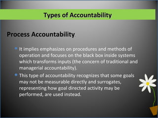 Process Accountability.
Types of AccountabilityTypes of Accountability
It implies emphasizes on procedures and methods of
operation and focuses on the black box inside systems
which transforms inputs (the concern of traditional and
managerial accountability).
This type of accountability recognizes that some goals
may not be measurable directly and surrogates,
representing how goal directed activity may be
performed, are used instead.
 