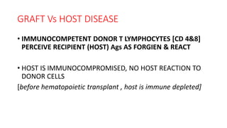 GRAFT Vs HOST DISEASE
• IMMUNOCOMPETENT DONOR T LYMPHOCYTES [CD 4&8]
PERCEIVE RECIPIENT (HOST) Ags AS FORGIEN & REACT
• HOST IS IMMUNOCOMPROMISED, NO HOST REACTION TO
DONOR CELLS
[before hematopoietic transplant , host is immune depleted]
 