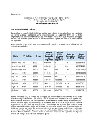 Resumindo:

               Inicialização: O(n) + Bellman-Ford O(nm) + O(n) + O(m)
                                                               2
                      Busca do Caminho Mais Curto: Dijkstra O(n )
                                 Iterações de busca: O(nB)
                                                       3
                              Complexidade total O(n B)


4.3 Implementação Prática

Para validar a complexidade teórica e avaliar a corretude do pseudo código apresentado
de forma prática, realizamos uma implementação do algoritmo SSP em C. Esta
implementação possui uma limitação de 6000 nós na rede, dado que utilizamos alocação
estática de matrizes para facilitar o desenvolvimento, apesar de reduzir a performance
do algoritmo.

Após executar o algoritmo para as diversas instâncias de grafos propostas, obtivemos os
seguintes resultados:


                                           Tempo        Tempo
                                          Total de      Médio       Total de      Custo
  Grafo       Nº de Nós       Arcos      Execução      de cada     Interações     Mínimo
                                             em        CMC em        de CMC       Obtido
                                         segundos     segundos
stndrd1.net   200         1300          0.550000     0            319           196587626

stndrd2.net   200         1500          0.570000     0            301           194072029

stndrd38.net 3000         35000         592.17       0.44         1180          7265734372

cap1.net      1000        10000         2.440000     0.04         47            2572055650

cap2.net      1000        30000         5.080000     0.11         42            868553404

cap3.net      1000        40000         6.180000     0.136921     40            835752895

big5.net      5000        80000         7452.35      1.590638     4154          15817090

big6.net      5000        60000         6042.450     1.279956     4199          15864843

big7.net      5000        40000         4221.440     0.946387     3799          13970599



Como podemos ver, o tempo de execução do procedimento de caminho mais curto
utilizando Dijkstra aumenta de acordo com o aumento do números de nós. Apesar de,
teoricamente, não levar em consideração a quantidade de arestas em sua complexidade,
vimos que em nossa implementação o tempo de execução para grafos com a mesma
quantidade de nós varia de acordo com a quantidade de arestas. Isto porque, para
obtermos quais arestas estão conectadas em um determinado nó, devemos percorrer
todas as arestas do grafo. Certamente, este seria um ponto que poderia ser melhorado
em nossa implementação para que nossa complexidade prática ficasse mais próxima da
teórica. Abaixo podemos verificar como o tempo de execução do algoritmo de Dijkstra
cresce em relação a quantidade de nós do grafo.
 