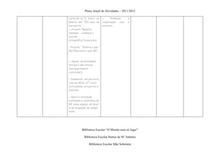 Plano Anual de Atividades – 2011/2012

corte do rei D. Dinis”, no   ▪     Promover   a
âmbito dos 750 anos da       cooperação com   o
sua morte;                   exterior;
▪ Projeto “Desafio
semanal - conhece o
acordo
ortográfico”(concurso)

- Projeto “ Ilustra o que
lês/Descreve o que vês”;



▪ Apoiar as atividades
letivas e não letivas
(enriquecimento
curricular);

• Dinamizar, em parceria
com as AECs, (1º ciclo)
actividades, projectos e
eventos;

• Apoio à utilização
autónoma e voluntária da
BE como espaço de lazer
e de ocupação de tempo
livre;




           Biblioteca Escolar “O Mundo num só lugar”

             Biblioteca Escolar Hortas de Stº António

                 Biblioteca Escolar Mãe Soberana
 