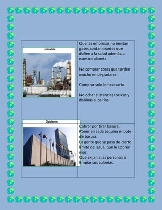 Que las empresas no emitan
gases contaminantes que
dañen a la salud además a
nuestro planeta.

No comprar cosas que tarden
mucho en degradarse.

Comprar solo lo necesario.

No echar sustancias toxicas y
dañinas a los ríos.




Cobrar por tirar basura.
Poner en cada esquina el bote
de basura.
La gente que se pasa de cierto
límite del agua, que le cobren
más.
Que exijan a las personas a
limpiar sus colonias.
 