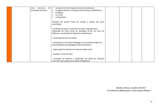 11
Idanha-a-Nova, outubro de 2017
A Professora Bibliotecária: Carla Duarte Ribeiro
como estrutura de
orientação educativa;
 no placard de informações da sala dos professores;
 na página eletrónica do Agrupamento (espaço da Biblioteca).
 no Blogue;
 no Jornal;
 na Newsletter…
-Deteção dos pontos fracos da coleção e reforço das áreas
carenciadas;
-Condições de acesso e empréstimo a todo o agrupamento;
-Realização do Plano Anual de Atividades da BE, do Plano de
Melhoria, e atualização do Regimento da Biblioteca;
- Atualização de bases de dados;
- Participação no Conselho Pedagógico e nos restantes órgãos de
planificação/decisão pedagógica (PB Coordenador);
- Organização dos dossiês com documentação da BE;
- Atualizar o Guia do Leitor;
- Produção de relatórios a exploração dos dados de utilização
fornecidos pelo programa de gestão bibliográfica;
 