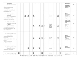 Rua Antão Gonçalves, 1400 – 015 Lisboa Tel. 213 016528 fax 213 013116 www.aerestelo.pt
Halloween
(28 a 31 de outubro):
- mostra bibliográfica;
- passatempo;
- exposição de trabalhos e
decoração da BE .
documental
Cartolinas e
materiais de
desgaste
0
 Celebração do S.
Martinho
(10 a 14 novembro):
- mostra bibliográfica;
- exposição de trabalhos.
X X X I 2 2º Ciclo 1 X
Fundo
documental
Cartolinas e
materiais de
desgaste
0
 Visita de estudo à
Biblioteca Municipal
Camões
(13 novembro):
- «Leituras intemporais»:
Pedro e o lobo, a partir da
obra de Prokofiev.
X X X E 1
Alunos
PLNM
(2º e 3º
Ciclos)
2 X
Leitor de DVD
DVD Pedro e o
Lobo
Autocarro
Metro
Módulos para
transporte
0
 Celebração do Natal
(dezembro):
-mostra bibliográfica e
decoração;
- Leituras de Natal (hora do
conto);
- Feira do Livro Leya
(1 a 5 dezembro).
X X X E 1
2º e 3º
Ciclos
1 X
Fundo
documental
Papel,
cartolinas
Luzes de Natal
0
 Celebração do Dia de
Reis (6 de janeiro):
- exposição de cartões.
X X X I 2 3º Ciclo 1 X
Fundo
documental
0
 Celebração do Dia de X X X I 2 3º Ciclo 1 X Fundo
documental
0
 