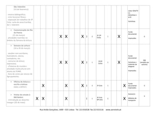 Rua Antão Gonçalves, 1400 – 015 Lisboa Tel. 213 016528 fax 213 013116 www.aerestelo.pt
São Valentim
(14 de fevereiro):
- mostra bibliográfica;
- «Um livro/um filme».
- exposição de trabalhos do 3º
Ciclo: carta de amor/cartões
de S. Valentim
Leitor DVD/TV
ou
Datashow e
ecrã
Cartolinas
 Comemoração do Dia
da Poesia
(21 de março):
- atividades inseridas no
âmbito da Semana da leitura.
X X X I 2
2º /3º
Ciclos
1 X
Fundo
documental
Impressões
0
 Semana da Leitura
(16 a 20 de março):
- sessões com escritores,
ilustradores, atores,
contadores, etc.
- concurso de leitura
expressiva;
- «Palavras do mundo»:
atividade multicultural com
alunos de PLNM;
- hora do conto por alunos do
Agrupamento.
X X X I 1
2º/3º
Ciclos
1 X
Fundo
documental
Cartolinas e
materiais de
desgaste
Impressões
30€
(receção aos
autores)
 Oficina de leitura e
escrita criativas
(data a definir) X X X I 2 2º Ciclo 1 X
Fundo
documental
Impressões
0
 Visitas de estudo à
BM Belém:
- «Introdução ao desenho
manga» (26 de maio)
X X X I 1
3º Ciclo
(8º ano)
2 X
Autocarro
Módulos de
transporte
0
 