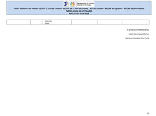 CREBI - Biblioteca do Infante - BE/CRE D. Luís de Loureiro - BE/CRE de S. João de Lourosa - BE/CRE Loureiro - BE/CRE de Jugueiros - BE/CRE Aquilino Ribeiro
PLANO ANUAL DE ATIVIDADES
ANO LETIVO 2018/2019
10
o Desbaste
o Abate
As professoras bibliotecárias:
Isabel Maria Seixas Martins
Maria da Conceição Dinis Tomé
 