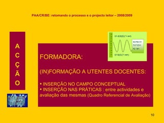 PAA/CR/BE: retomando o processo e o projecto leitor – 2008/2009 A C Ç Ã O FORMADORA: (IN)FORMAÇÃO A UTENTES DOCENTES: INSERÇÃO NO CAMPO CONCEPTUAL INSERÇÃO NAS PRÁTICAS : entre actividades e  avaliação das mesmas  (Quadro Referencial de Avaliação) 