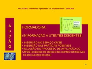 PAA/CR/BE: retomando o processo e o projecto leitor – 2008/2009 A C Ç Ã O FORMADORA: (IN)FORMAÇÃO A UTENTES DISCENTES: INSERÇÃO NO ESPAÇO CR/BE INSERÇÃO NAS PRÁTICAS POSSÍVEIS INCLUSÃO NO PROCESSO DE AVALIAÇÃO DO CR/BE (avaliação de práticas dos utentes contributivas do seu sucesso pessoal) 