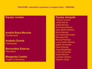 PAA/CR/BE: retomando o processo e o projecto leitor – 2008/2009 Equipa nuclear Amélia Rosa Macedo   Coordenação Anabela Duarte Catalogação Bernardete Esteves Informática Margarida Coelho Imagem & Marketing Equipa alargada Teresa Fonseca Julieta Barros Isabel Moreira Ana Paula Martins José Alberto Martins Mário Macedo Ana Paula Bernardes Manuela Ortiz Manuel Pacheco Laura Castro Moreira Isabel Fernandes Clara Antunes Jorge Magalhães Luísa Fernandes Isabel Moreira Lucinda Cardoso Joaquim Jorge 