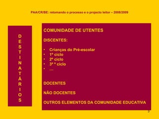 PAA/CR/BE: retomando o processo e o projecto leitor – 2008/2009 D E S T I N A T Á R I O S COMUNIDADE DE UTENTES   DISCENTES: Crianças do Pré-escolar 1º ciclo 2º ciclo 3º º ciclo … DOCENTES NÃO DOCENTES OUTROS ELEMENTOS DA COMUNIDADE EDUCATIVA 