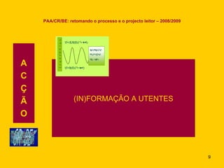 PAA/CR/BE: retomando o processo e o projecto leitor – 2008/2009 A C Ç Ã O (IN)FORMAÇÃO A UTENTES 