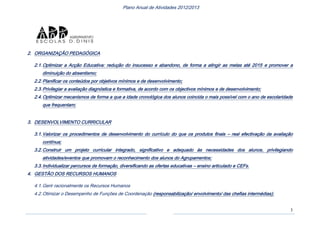 3
Plano Anual de Atividades 2012/2013
2. ORGANIZAÇÃO PEDAGÓGICA
2.1.Optimizar a Acção Educativa: redução do insucesso e abandono, de forma a atingir as metas até 2015 e promover a
diminuição do absentismo;
2.2.Planificar os conteúdos por objetivos mínimos e de desenvolvimento;
2.3.Privilegiar a avaliação diagnóstica e formativa, de acordo com os objectivos mínimos e de desenvolvimento;
2.4.Optimizar mecanismos de forma a que a idade cronológica dos alunos coincida o mais possível com o ano de escolaridade
que frequentam;
3. DESENVOLVIMENTO CURRICULAR
3.1.Valorizar os procedimentos de desenvolvimento do currículo do que os produtos finais – real efectivação da avaliação
contínua;
3.2.Construir um projeto curricular integrado, significativo e adequado às necessidades dos alunos, privilegiando
atividades/eventos que promovam o reconhecimento dos alunos do Agrupamentos;
3.3.Individualizar percursos de formação, diversificando as ofertas educativas – ensino articulado e CEFs.
4. GESTÃO DOS RECURSOS HUMANOS
4.1.Gerir racionalmente os Recursos Humanos
4.2.Otimizar o Desempenho de Funções de Coordenação (responsabilização/ envolvimento/ das chefias intermédias);
 