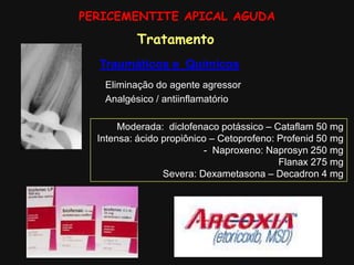 PERICEMENTITE APICAL AGUDA
Traumáticos e Químicos
Tratamento
Eliminação do agente agressor
Analgésico / antiinflamatório
Moderada: diclofenaco potássico – Cataflam 50 mg
Intensa: ácido propiônico – Cetoprofeno: Profenid 50 mg
- Naproxeno: Naprosyn 250 mg
Flanax 275 mg
Severa: Dexametasona – Decadron 4 mg
 