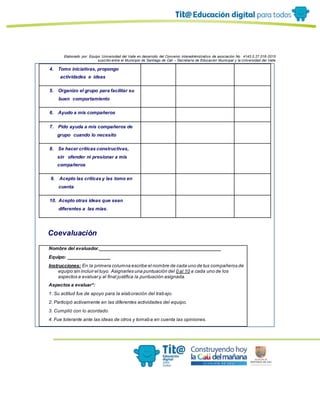 Elaborado por: Equipo Universidad del Valle en desarrollo del Convenio interadministrativo de asociación No. 4143.0.27.016-2015
suscrito entre el Municipio de Santiago de Cali – Secretaría de Educación Municipal y la Universidad del Valle
4. Tomo iniciativas, propongo
actividades e ideas
5. Organizo el grupo para facilitar su
buen comportamiento
6. Ayudo a mis compañeros
7. Pido ayuda a mis compañeros de
grupo cuando lo necesito
8. Se hacer críticas constructivas,
sin ofender ni presionar a mis
compañeros
9. Acepto las críticas y las tomo en
cuenta
10. Acepto otras ideas que sean
diferentes a las mías.
Coevaluación
Nombre del evaluador.______________________________________________
Equipo: ________________
Instrucciones: En la primera columna escribe el nombre de cada uno de tus compañeros de
equipo sin incluir el tuyo. Asignarles una puntuación del 0 al 10 a cada uno de los
aspectos a evaluar y al final justifica la puntuación asignada.
Aspectos a evaluar*:
1. Su actitud fue de apoyo para la elaboración del trabajo.
2. Participó activamente en las diferentes actividades del equipo.
3. Cumplió con lo acordado.
4. Fue tolerante ante las ideas de otros y tomaba en cuenta las opiniones.
 