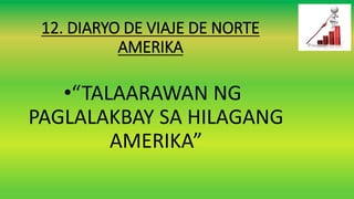 12. DIARYO DE VIAJE DE NORTE
AMERIKA
•“TALAARAWAN NG
PAGLALAKBAY SA HILAGANG
AMERIKA”
 