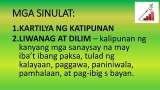 MGA SINULAT:
1.KARTILYA NG KATIPUNAN
2.LIWANAG AT DILIM – kalipunan ng
kanyang mga sanaysay na may
iba’t ibang paksa, tulad ng
kalayaan, paggawa, paniniwala,
pamhalaan, at pag-ibig s bayan.
 