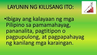 LAYUNIN NG KILUSANG ITO:
•Ibigay ang kalayaan ng mga
Pilipino sa pamamahayag,
pananalita, pagtitipon o
pagpupulong, at pagpapahayag
ng kanilang mga karaingan.
 