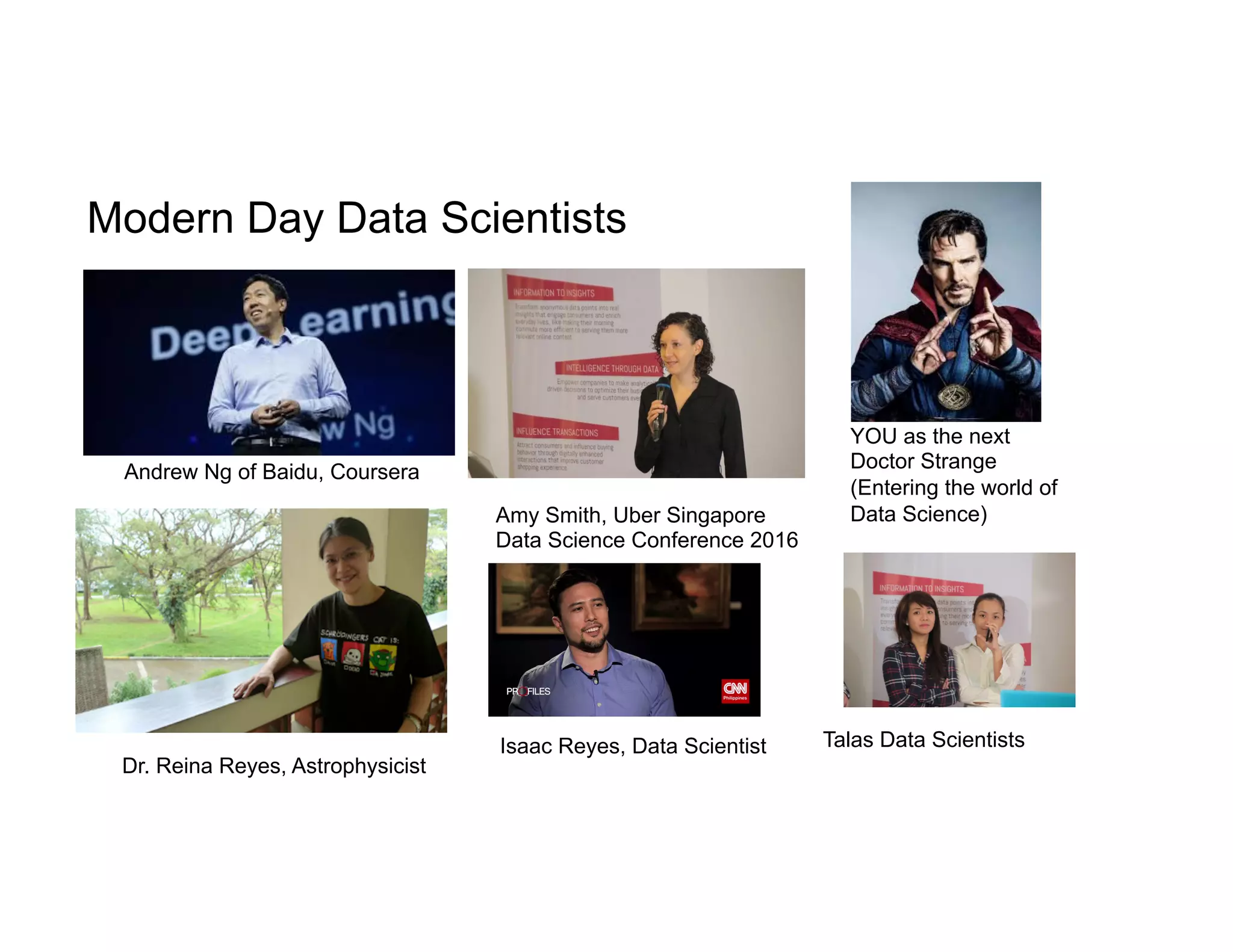 Modern Day Data Scientists
Dr. Reina Reyes, Astrophysicist
Andrew Ng of Baidu, Coursera
Amy Smith, Uber Singapore
Data Science Conference 2016
YOU as the next
Doctor Strange
(Entering the world of
Data Science)
Isaac Reyes, Data Scientist Talas Data Scientists
 