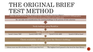Rank collection according to results
Library must own 50% of titles in a level to pass that level The highest level passed is the level for that library
Check availability of titles against the library’s holdings
Apply White’s formula:
Level 1 (over 750) Level 2 (401-750) Level 3 (151-400) Level 4 (150 or less)
Verify holdings using WorldCat
Select 40 titles (10 titles for each level of the 4 Conspectus levels) from authoritative bibliographies
representative of all areas within each subject area
Do not take into consideration the existing holdings in the process of title selection
 