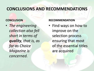 CONCLUSIONS AND RECOMMENDATIONS
CONCLUSION
• The engineering
collection also fell
short in terms of
quality, that is, as
far as Choice
Magazine is
concerned.
RECOMMENDATION
• Find ways on how to
improve on the
selection process
ensuring that most
of the essential titles
are acquired
 
