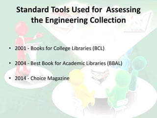Standard Tools Used for Assessing
the Engineering Collection
• 2001 - Books for College Libraries (BCL)
• 2004 - Best Book for Academic Libraries (BBAL)
• 2014 - Choice Magazine
 
