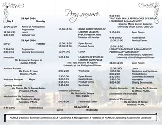  
 
 
 
Programme 
10:00-11:00 BASIC COMPETENCIES OF
LIBRARY LEADERS
Prof. Corazon M. Nera
Director of Libraries
11:00-11:30 Open Forum
11:30-12:00 Product Demo
12:00-1:00 Lunch
1:00-2:00 LEADERSHIP ETHICS IN
LIBRARY WORKPLACE
Atty. Vyva Victoria M. Aguirre
University of the Philippines Diliman
2:00-2:30 Workshop
2:30-3:00 Open Forum
3:00-3:15 Health Break
3:15-3:45 Product Demo
3:45-4:00 Synthesis
Master of Ceremony:
Ms. Maribel A. Estepa
PRO, PAARL
6:00-8:00 Fellowship Dinner
30 April 2014
Day 3 Wednesday
 
7:30-8:00 Registration
8:00-8:15 Recap of Day 1
28 April 2014
Day 1 Monday
10:00-12:00 Arrival of Participants
Registration
12:00-1:30 Lunch
1:30-5:00 Cultural Tour
29 April 2014
Day 2 Tuesday
7:30-8:30 Registration
8:30-9:45 Opening Ceremonies
Invocation
Mr. Enrique M. Gungon, Jr
Auditor, PAARL
National Anthem
Ms. Purita P. Uson
Director, PAARL
Welcome Remarks Mayor
Opening Remarks
Ms. Sharon Ma. S. Esposo-Betan
President, PAARL
Mechanics of the Conference
Ms. Christine M. Abrigo
Secretary, PAARL
9:45-10:00 Health Break
 
 
8:15-9:15
TRAIT AND SKILLS APPROACHES OF LIBRARY
LEADERSHIP & MANAGEMENT
Director Maxie Doreen Cabarron
University of San Carlos, Cebu City
9:15-9:45 Open Forum
9:45-10:00 Health Break
10:00-10:30 Product Demo
10:30-11:30
LIBRARY LEADERSHIP & MANAGEMENT:
PERSONALITY ASSESSMENT
Prof. Rhea Rowena U. Apolinario
University of the Philippines Diliman
11:30-12:00 Open Forum
12:00-1:00 Lunch
1:00-2:00 Workshop and Synthesis
2:00-2:30 Product Demo
2:30-2:45 Conference Synthesis
2:45-3:00 Impression
3:00-4:00 Closing Ceremonies
Closing Remarks Mr. Sonny Boy T. Manalo
Ex-Officio, PAARL
Distribution of Certificates
Master of Ceremony:
Ms. Christine M. Abrigo
Secretary, PAARL
PAARLS’s National Summer Conference 2014 “Leadership & Management: A Foretaste of PAARL’S Leadership Academy for Librarians”
 