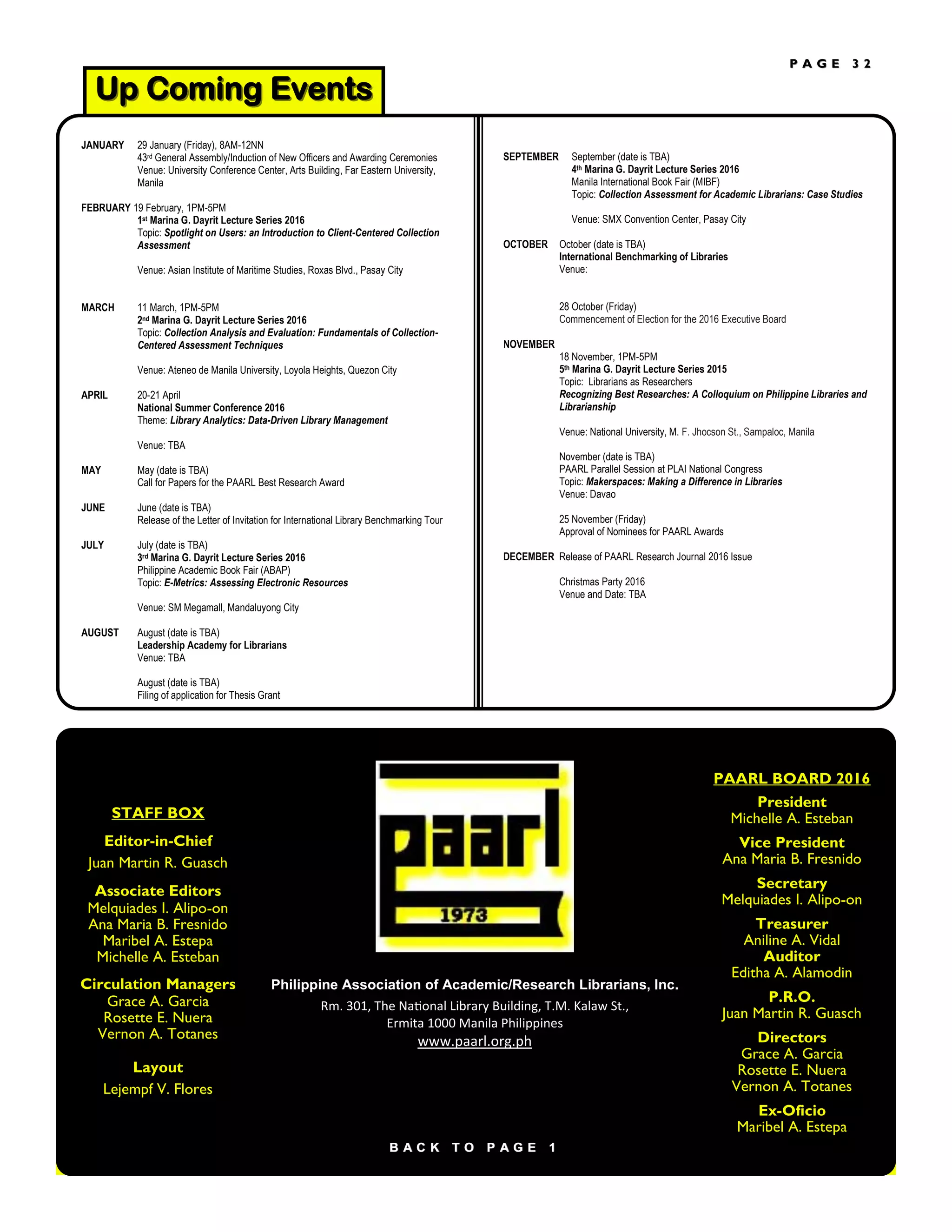 Up Coming EventsUp Coming Events
Philippine Association of Academic/Research Librarians, Inc.
Rm. 301, The National Library Building, T.M. Kalaw St.,
Ermita 1000 Manila Philippines
www.paarl.org.ph
STAFF BOX
Editor-in-Chief
Juan Martin R. Guasch
Associate Editors
Melquiades I. Alipo-on
Ana Maria B. Fresnido
Maribel A. Estepa
Michelle A. Esteban
Circulation Managers
Grace A. Garcia
Rosette E. Nuera
Vernon A. Totanes
Layout
Lejempf V. Flores
PAARL BOARD 2016
President
Michelle A. Esteban
Vice President
Ana Maria B. Fresnido
Secretary
Melquiades I. Alipo-on
Treasurer
Aniline A. Vidal
Auditor
Editha A. Alamodin
P.R.O.
Juan Martin R. Guasch
Directors
Grace A. Garcia
Rosette E. Nuera
Vernon A. Totanes
Ex-Oficio
Maribel A. Estepa
P A G EP A G E 3 23 2
JANUARY 29 January (Friday), 8AM-12NN
43rd General Assembly/Induction of New Officers and Awarding Ceremonies
Venue: University Conference Center, Arts Building, Far Eastern University,
Manila
FEBRUARY 19 February, 1PM-5PM
1st Marina G. Dayrit Lecture Series 2016
Topic: Spotlight on Users: an Introduction to Client-Centered Collection
Assessment
Venue: Asian Institute of Maritime Studies, Roxas Blvd., Pasay City
MARCH 11 March, 1PM-5PM
2nd Marina G. Dayrit Lecture Series 2016
Topic: Collection Analysis and Evaluation: Fundamentals of Collection-
Centered Assessment Techniques
Venue: Ateneo de Manila University, Loyola Heights, Quezon City
APRIL 20-21 April
National Summer Conference 2016
Theme: Library Analytics: Data-Driven Library Management
Venue: TBA
MAY May (date is TBA)
Call for Papers for the PAARL Best Research Award
JUNE June (date is TBA)
Release of the Letter of Invitation for International Library Benchmarking Tour
JULY July (date is TBA)
3rd Marina G. Dayrit Lecture Series 2016
Philippine Academic Book Fair (ABAP)
Topic: E-Metrics: Assessing Electronic Resources
Venue: SM Megamall, Mandaluyong City
AUGUST August (date is TBA)
Leadership Academy for Librarians
Venue: TBA
August (date is TBA)
Filing of application for Thesis Grant
SEPTEMBER September (date is TBA)
4th Marina G. Dayrit Lecture Series 2016
Manila International Book Fair (MIBF)
Topic: Collection Assessment for Academic Librarians: Case Studies
Venue: SMX Convention Center, Pasay City
OCTOBER October (date is TBA)
International Benchmarking of Libraries
Venue:
28 October (Friday)
Commencement of Election for the 2016 Executive Board
NOVEMBER
18 November, 1PM-5PM
5th Marina G. Dayrit Lecture Series 2015
Topic: Librarians as Researchers
Recognizing Best Researches: A Colloquium on Philippine Libraries and
Librarianship
Venue: National University, M. F. Jhocson St., Sampaloc, Manila
November (date is TBA)
PAARL Parallel Session at PLAI National Congress
Topic: Makerspaces: Making a Difference in Libraries
Venue: Davao
25 November (Friday)
Approval of Nominees for PAARL Awards
DECEMBER Release of PAARL Research Journal 2016 Issue
Christmas Party 2016
Venue and Date: TBA
B A C K T O P A G E 1B A C K T O P A G E 1
 