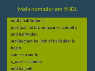 Meio-somador em VHDL
entity halfAdder is
port (a,b : in bit; sum,carry : out bit);
end halfAdder;
architecture ha_beh of halfAdder is
begin
sum <= a xor b;
c_out <= a and b;
end ha_beh;
 
