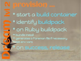 Dreamlvl2
* start a build container
* identify buildpack
* on Ruby buildpack
** bundle install
** generates a Foreman file if necessary
** set env vars
* on success, release
provision ...
 